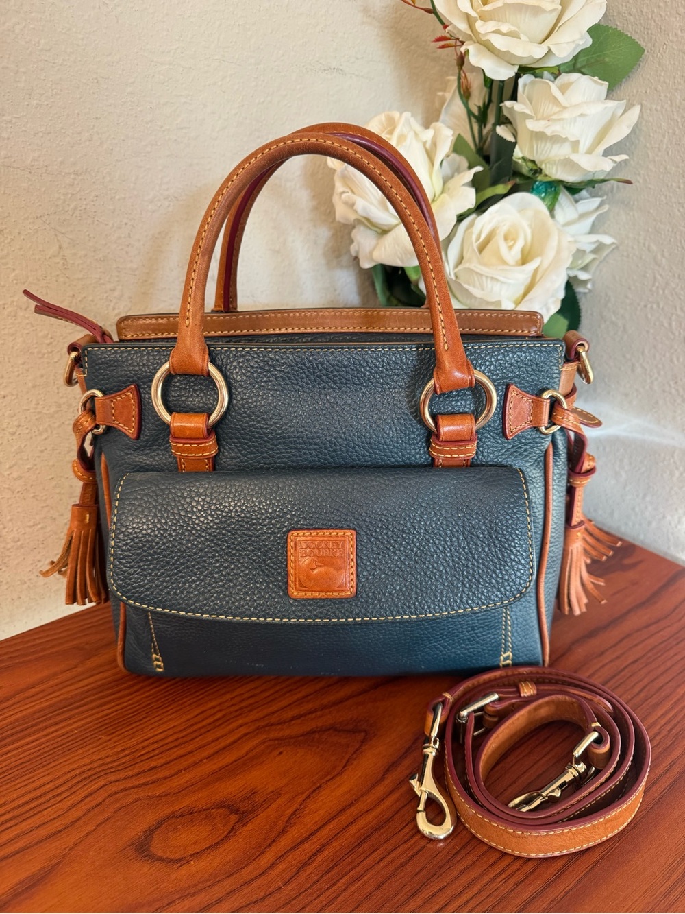Dooney & Bourke Navy Leather Satchel with Brown Trim